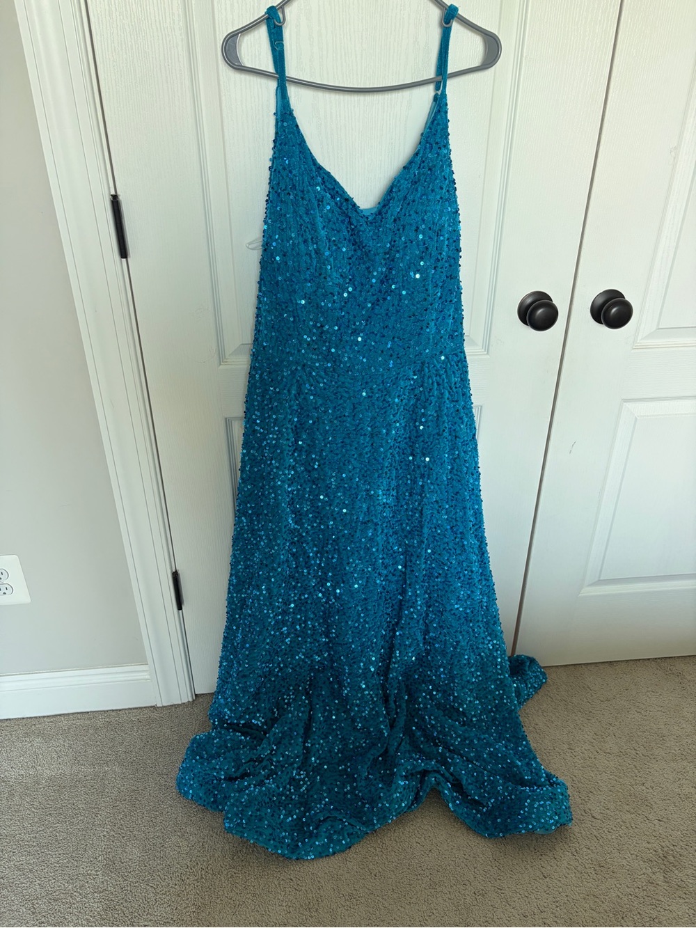 Amazon Teal Sequin Spaghetti-Strap Prom Dress
